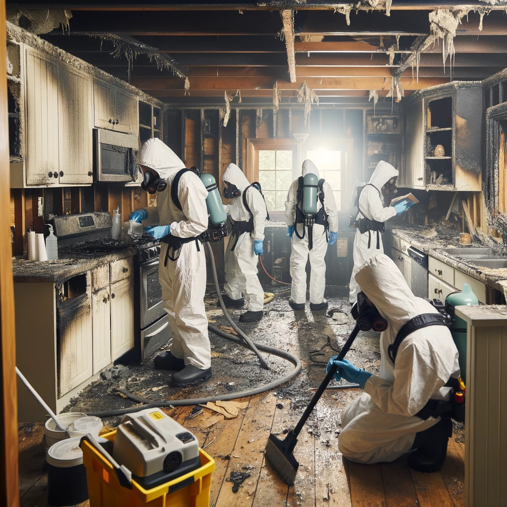Restoration Team is working inside of a kitchen damaged by fire focusing on remediation and repair.